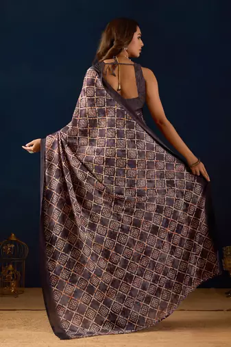 Purple geometric print silk festive ethnic saree with blouse