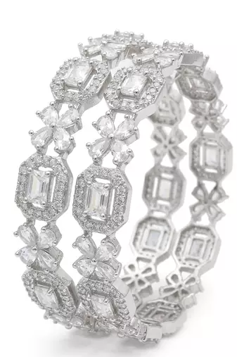 Exquisite emerald & diamond silver-plated floral kada bangles - handcrafted ethnic jewelry for weddings