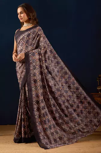 Purple geometric print silk festive ethnic saree with blouse