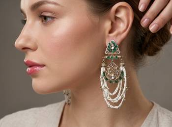 Elegant kundan & green emerald pearl drop jhumka earrings     traditional handcrafted ethnic jewelry 1
