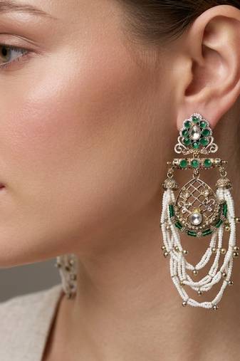 Elegant kundan & green emerald pearl drop jhumka earrings     traditional handcrafted ethnic jewelry