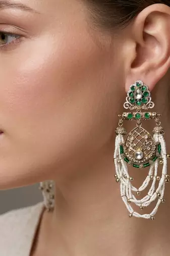 Elegant kundan & green emerald pearl drop jhumka earrings     traditional handcrafted ethnic jewelry