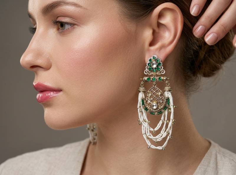 Elegant kundan & green emerald pearl drop jhumka earrings     traditional handcrafted ethnic jewelry