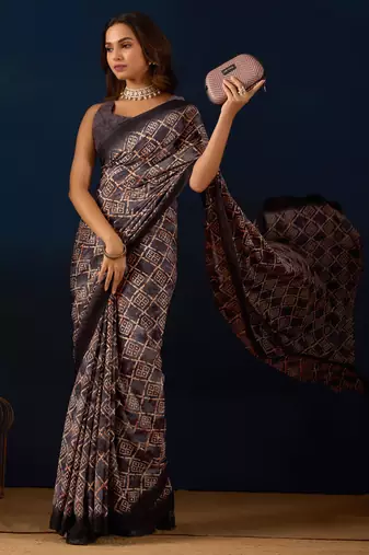 Purple geometric print silk festive ethnic saree with blouse