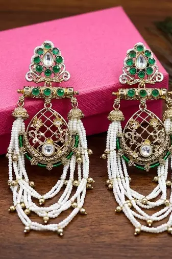 Elegant kundan & green emerald pearl drop jhumka earrings     traditional handcrafted ethnic jewelry