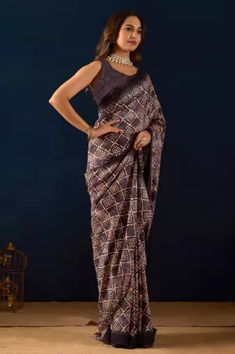 Purple geometric print silk festive ethnic saree with blouse