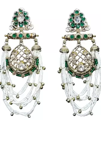 Elegant kundan & green emerald pearl drop jhumka earrings     traditional handcrafted ethnic jewelry