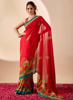 Red floral print georgette festive ethnic saree with blouse 1