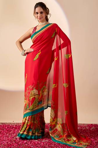 Red floral print georgette festive ethnic saree with blouse