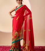 Red floral print georgette festive ethnic saree with blouse