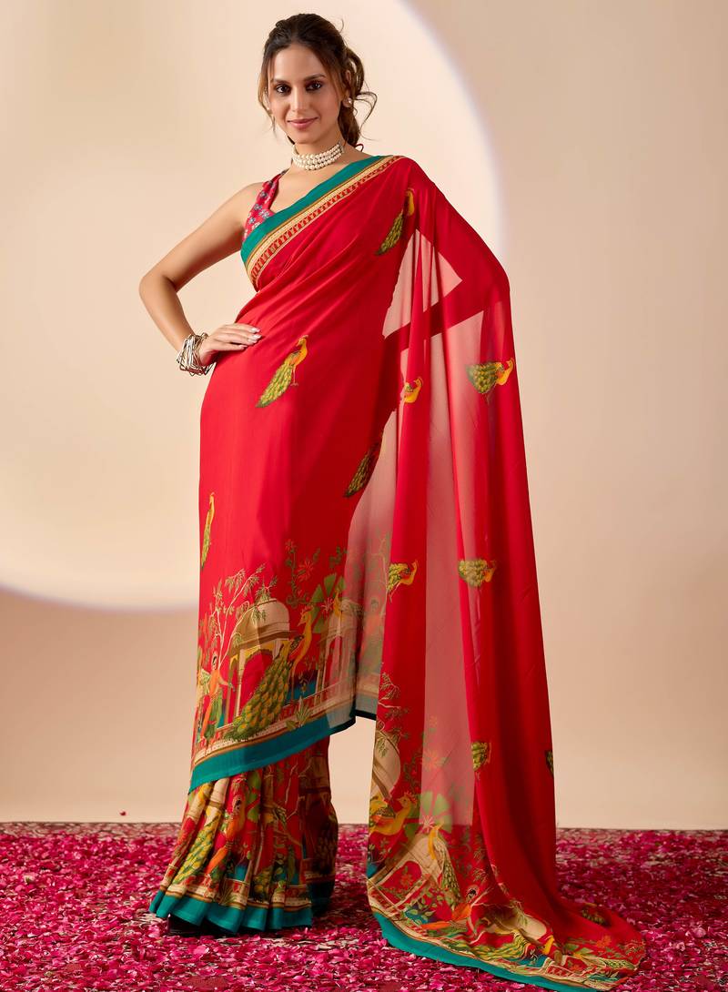 Red floral print georgette festive ethnic saree with blouse