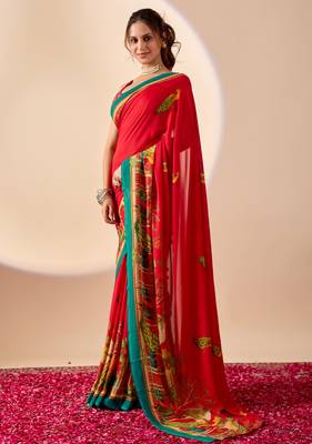 Red floral print georgette festive ethnic saree with blouse 2