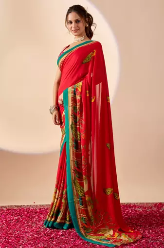 Red floral print georgette festive ethnic saree with blouse