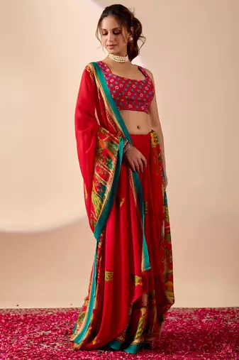 Red floral print georgette festive ethnic saree with blouse