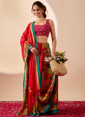Red floral print georgette festive ethnic saree with blouse 4