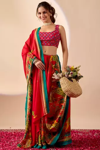 Red floral print georgette festive ethnic saree with blouse