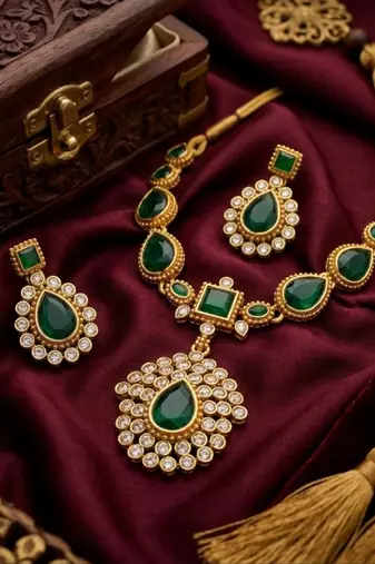 Elegant emerald green & gold-plated handcrafted indian bridal jewelry set - Necklace :: & earrings