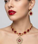 Elegant ruby & gold-plated handcrafted indian bridal jewelry set - Necklace :: & earrings