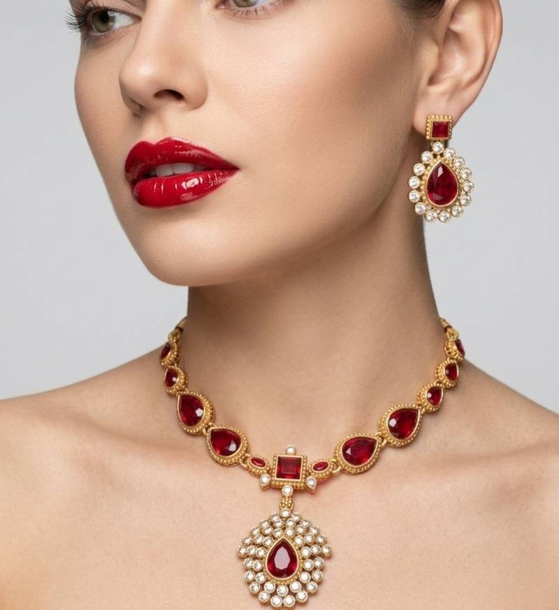 Elegant ruby & gold-plated handcrafted indian bridal jewelry set - Necklace :: & earrings