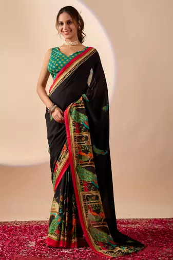 Black floral print georgette festive ethnic saree with blouse