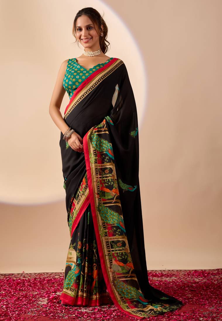 Black floral print georgette festive ethnic saree with blouse