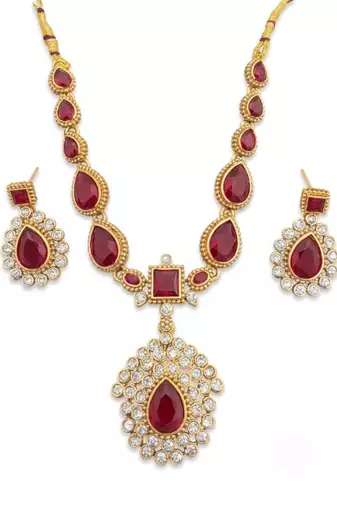 Elegant ruby & gold-plated handcrafted indian bridal jewelry set - Necklace :: & earrings
