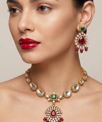 Elegant ruby- green & gold-plated handcrafted indian bridal jewelry set - Necklace :: & earrings 1