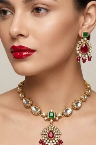 Elegant ruby- green & gold-plated handcrafted indian bridal jewelry set - Necklace :: & earrings