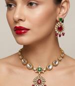 Elegant ruby- green & gold-plated handcrafted indian bridal jewelry set - Necklace :: & earrings