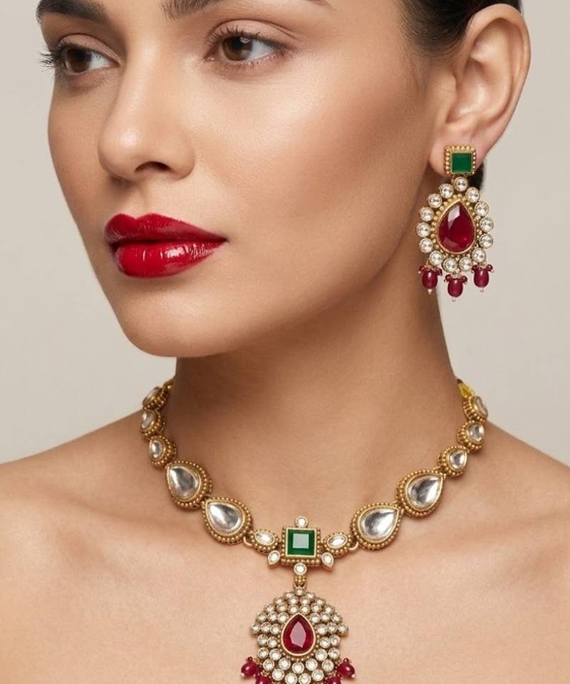 Elegant ruby- green & gold-plated handcrafted indian bridal jewelry set - Necklace :: & earrings