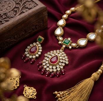 Elegant ruby- green & gold-plated handcrafted indian bridal jewelry set - Necklace :: & earrings 2