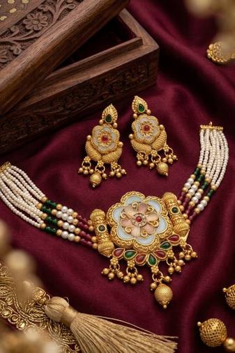 Handcrafted indian kundan & pearl choker Necklace :: set     gold plated for weddings, festivals