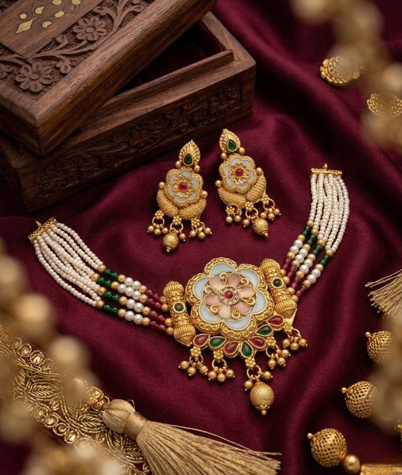 Handcrafted indian kundan & pearl choker Necklace :: set     gold plated for weddings, festivals