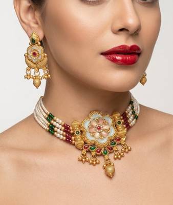 Handcrafted indian kundan & pearl choker Necklace :: set     gold plated for weddings, festivals 2