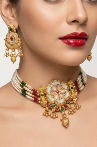Handcrafted indian kundan & pearl choker Necklace :: set     gold plated for weddings, festivals