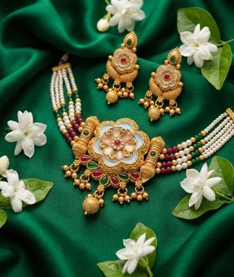 Handcrafted indian kundan & pearl choker Necklace :: set     gold plated for weddings, festivals 3