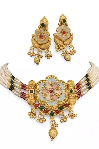 Handcrafted indian kundan & pearl choker Necklace :: set     gold plated for weddings, festivals