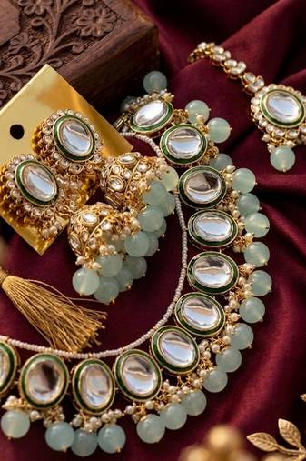 Kundan and mint bead traditional Necklace :: set for weddings | gold-plated handcrafted choker and jhumka earrings