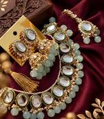 Kundan and mint bead traditional Necklace :: set for weddings | gold-plated handcrafted choker and jhumka earrings