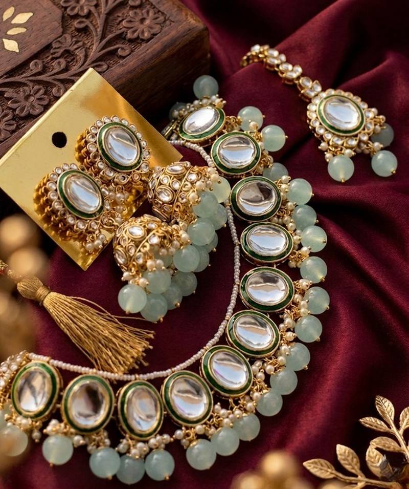 Kundan and mint bead traditional Necklace :: set for weddings | gold-plated handcrafted choker and jhumka earrings