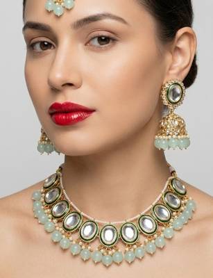 Kundan and mint bead traditional Necklace :: set for weddings | gold-plated handcrafted choker and jhumka earrings 2