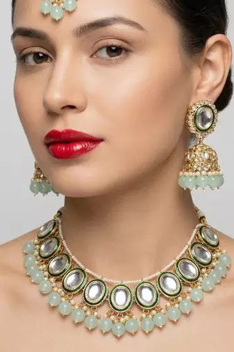Kundan and mint bead traditional Necklace :: set for weddings | gold-plated handcrafted choker and jhumka earrings