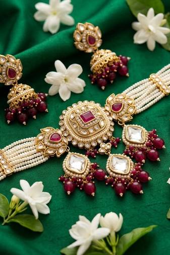 Handcrafted kundan & pearl choker set - traditional gold-plated bridal jewelry with maroon accents for weddings