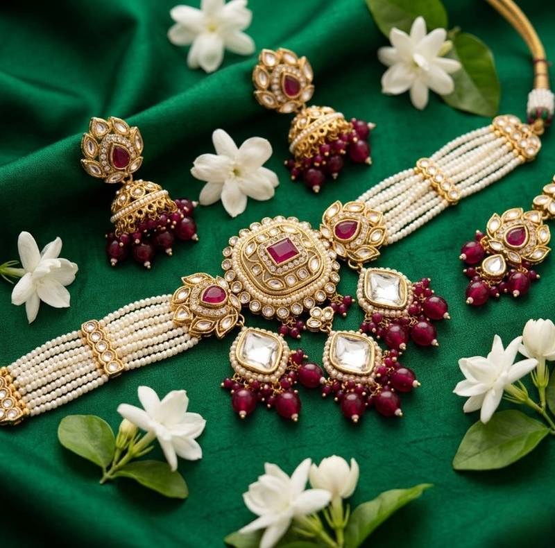 Handcrafted kundan & pearl choker set - traditional gold-plated bridal jewelry with maroon accents for weddings