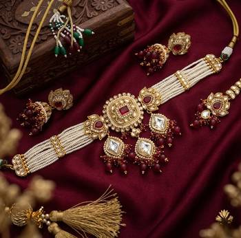 Handcrafted kundan & pearl choker set - traditional gold-plated bridal jewelry with maroon accents for weddings 2
