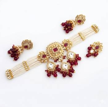 Handcrafted kundan & pearl choker set - traditional gold-plated bridal jewelry with maroon accents for weddings 3