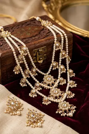 Traditional kundan & pearl layered Necklace :: set - handcrafted ethnic jewellery for weddings