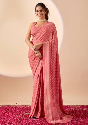 Coral geomatric print satin festive ethnic saree with blouse 1