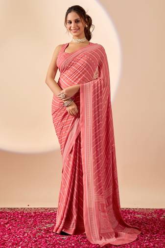 Coral geomatric print satin festive ethnic saree with blouse