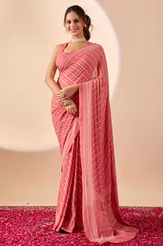 Coral geomatric print satin festive ethnic saree with blouse